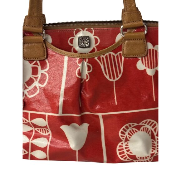 Brighton Red Floral Tote Bag With Tan Handles & Striped Interior Charm Heart - Picture 14 of 16